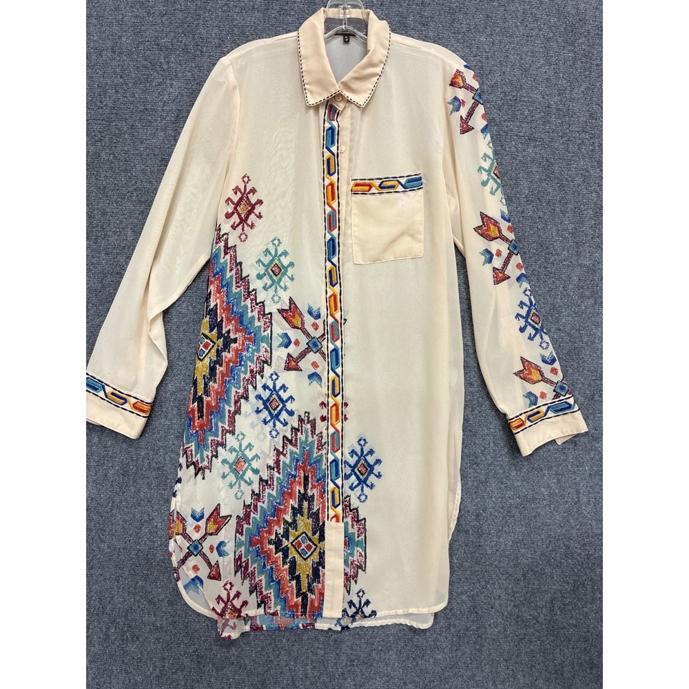 Double D Ranch Cream Southwestern Print Button Down Shirt Small Long Sleeve